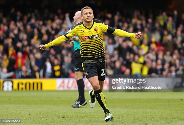 Almen Abdi of Watford celebrates scoring his team's first goal during the Barclays Premier League match between Watford and Aston Villa at Vicarage...