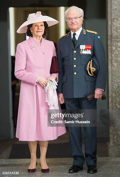 King Carl Gustaf of Sweden and Queen Silvia of Sweden arrive at the Royal Palace to attend Te Deum Thanksgiving Service to celebrate the 70th...