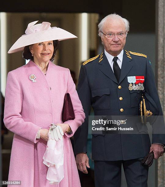 King Carl Gustaf of Sweden and Queen Silvia of Sweden arrive at the Royal Palace to attend Te Deum Thanksgiving Service to celebrate the 70th...