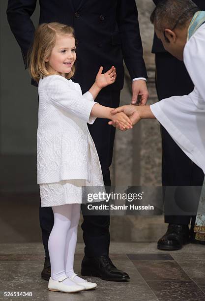 Princess Estelle of Sweden arrives at the Royal Palace to attend Te Deum Thanksgiving Service to celebrate the 70th birthday of King Carl Gustaf of...