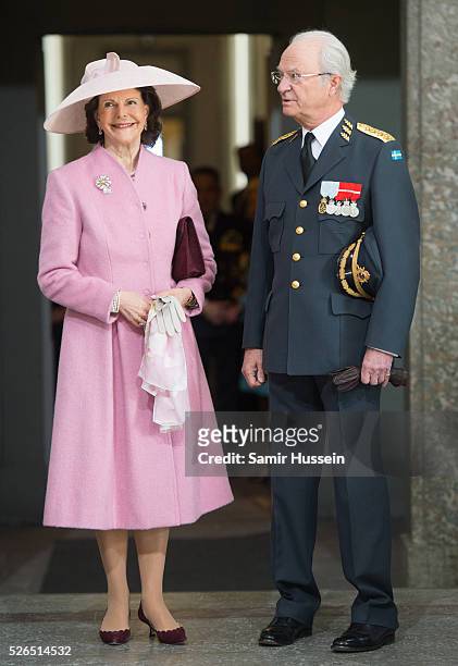 King Carl Gustaf of Sweden and Queen Silvia of Sweden arrive at the Royal Palace to attend Te Deum Thanksgiving Service to celebrate the 70th...