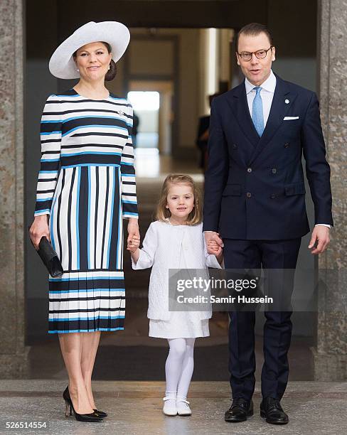 Crown Princess Victoria of Sweden, Princess Estelle of Sweden and Prince Daniel of Sweden arrive at the Royal Palace to attend Te Deum Thanksgiving...