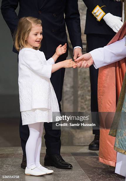 Princess Estelle of Sweden arrives at the Royal Palace to attend Te Deum Thanksgiving Service to celebrate the 70th birthday of King Carl Gustaf of...