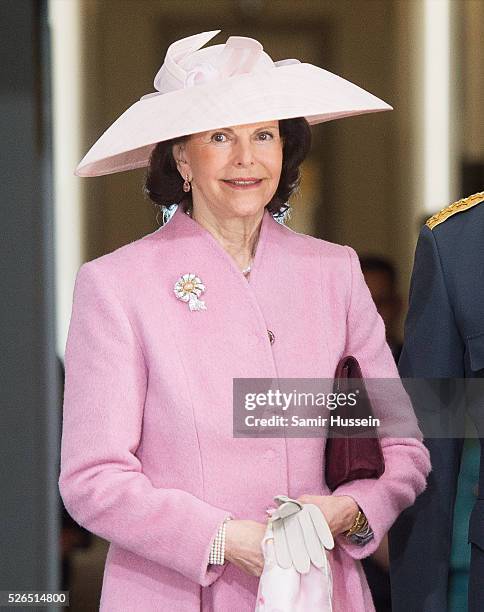 Queen Silvia of Sweden arrives at the Royal Palace to attend Te Deum Thanksgiving Service to celebrate the 70th birthday of King Carl Gustaf of...