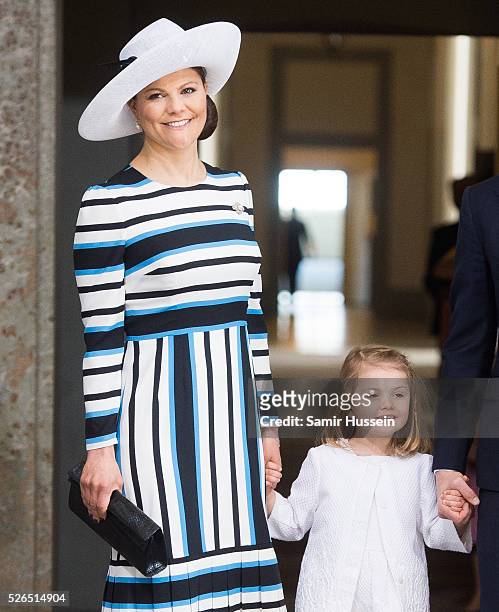 Crown Princess Victoria of Sweden, Princess Estelle of Sweden arrive at the Royal Palace to attend Te Deum Thanksgiving Service to celebrate the 70th...