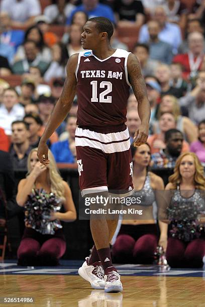 Jalen Jones of the Texas A&M Aggies looks on against the Oklahoma Sooners during the West Regional Semifinal of the 2016 NCAA Men's Basketball...