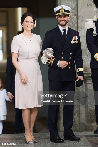 Princess Sofia of Sweden and Prince Carl Philip of Sweden arrives at the Royal Palace to attend Te Deum Thanksgiving Service to celebrate the 70th...