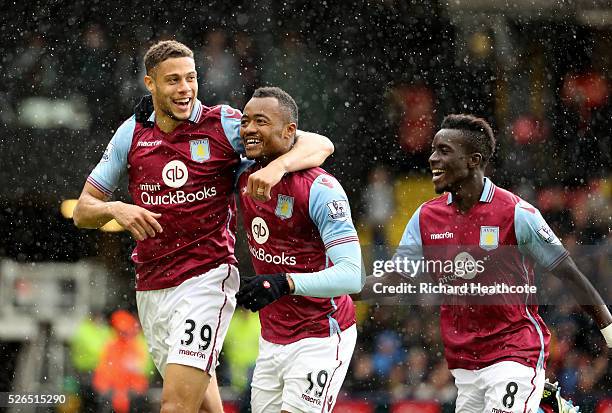 Jordan Ayew of Aston Villa celebrates scoring his team's second goal with his team mates Rudy Gestede and Idrissa Gueye during the Barclays Premier...