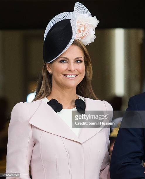 Princess Madeleine of Sweden arrives at the Royal Palace to attend Te Deum Thanksgiving Service to celebrate the 70th birthday of King Carl Gustaf of...