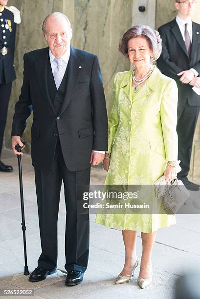 King Juan Carlos of Spain and Queen Sofia of Spain arrive at the Royal Palace to attend Te Deum Thanksgiving Service to celebrate the 70th birthday...