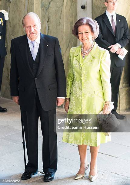 King Juan Carlos of Spain and Queen Sofia of Spain arrive at the Royal Palace to attend Te Deum Thanksgiving Service to celebrate the 70th birthday...