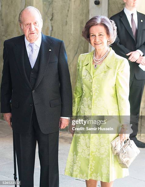 King Juan Carlos of Spain and Queen Sofia of Spain arrive at the Royal Palace to attend Te Deum Thanksgiving Service to celebrate the 70th birthday...