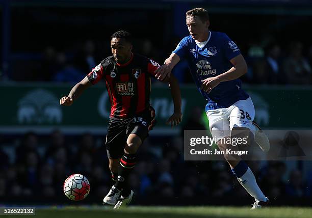 Callum Wilson of Bournemouth and Matthew Pennington of Everton compete for the ball during the Barclays Premier League match between Everton and...