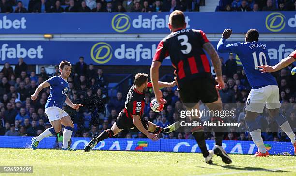 Leighton Baines of Everton scores his team's second goal during the Barclays Premier League match between Everton and A.F.C. Bournemouth at Goodison...