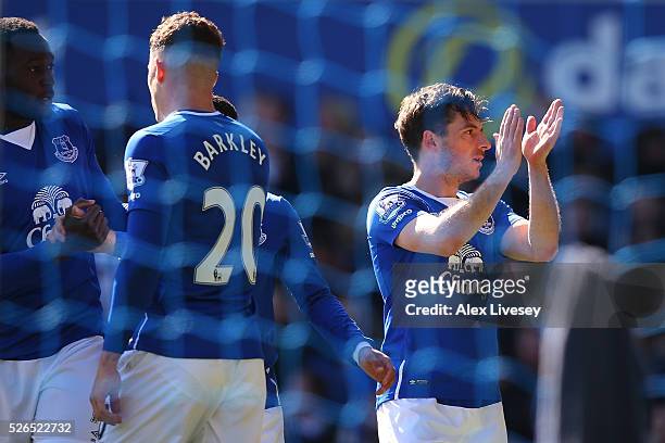 Leighton Baines of Everton celebrates scoring his team's second goal during the Barclays Premier League match between Everton and A.F.C. Bournemouth...