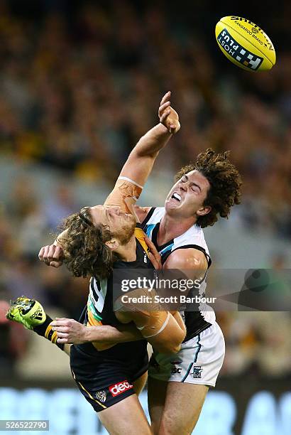 Tyrone Vickery of the Tigers competes for the ball during the round six AFL match between the Richmond Tigers and the Port Adelaide Power at...