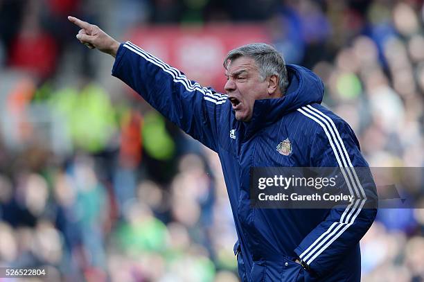Sam Allardyce, manager of Sunderland gestures during the Barclays Premier League match between Stoke City and Sunderland at the Britannia Stadium on...