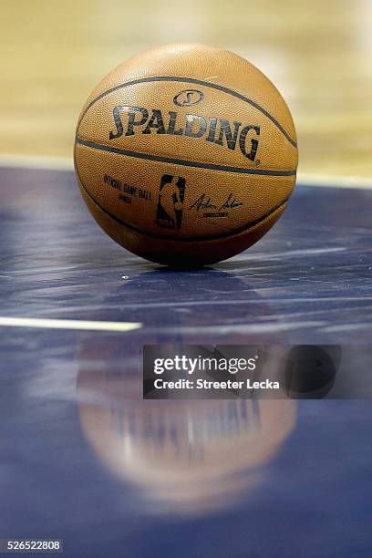 Detailed view of a basketball on the court during game six of the Eastern Conference Quarterfinals of the 2016 NBA Playoffs at Time Warner Cable...