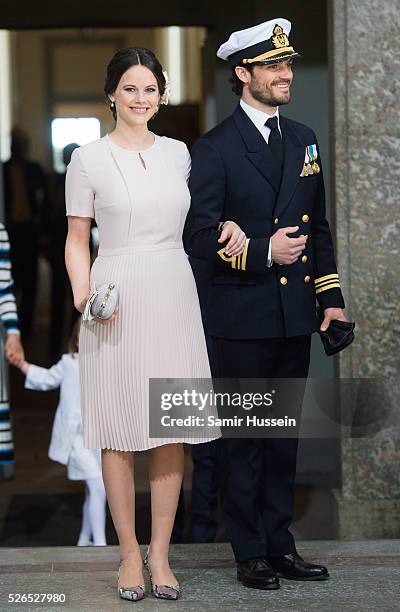 Princess Sofia of Sweden and Prince Carl Philip of Sweden arrive at the Royal Palace to attend Te Deum Thanksgiving Service to celebrate the 70th...