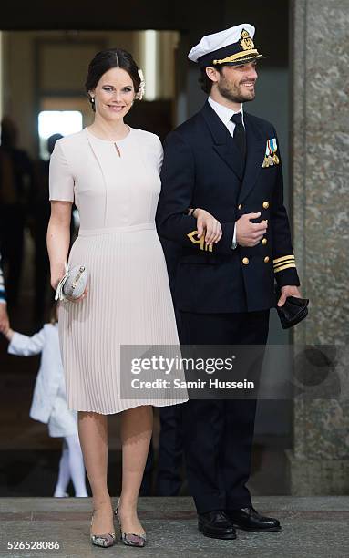 Princess Sofia of Sweden and Prince Carl Philip of Sweden arrive at the Royal Palace to attend Te Deum Thanksgiving Service to celebrate the 70th...