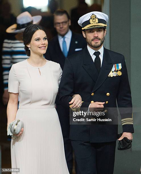 Princess Sofia of Sweden and Prince Carl Philip of Sweden arrive at the Royal Palace to attend Te Deum Thanksgiving Service to celebrate the 70th...