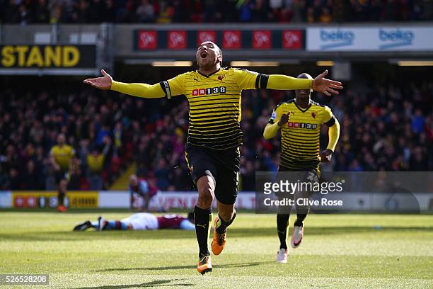Troy Deeney of Watford celebrates scoring his team's third goal during the Barclays Premier League match between Watford and Aston Villa at Vicarage...