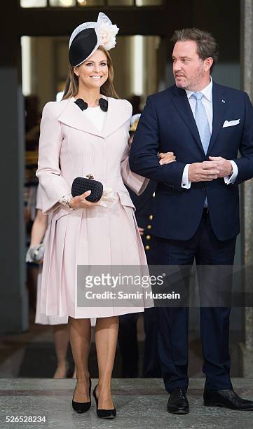Princess Madeleine of Sweden and Christopher O'Neill arrive at the Royal Palace to attend Te Deum Thanksgiving Service to celebrate the 70th birthday...