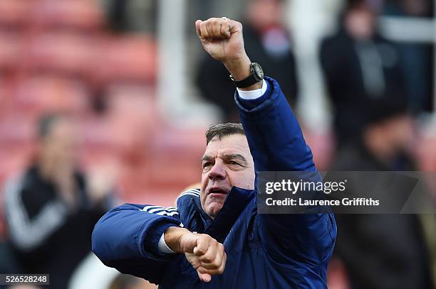 Sam Allardyce, manager of Sunderland celebrates his team's first goal during the Barclays Premier League match between Stoke City and Sunderland at...