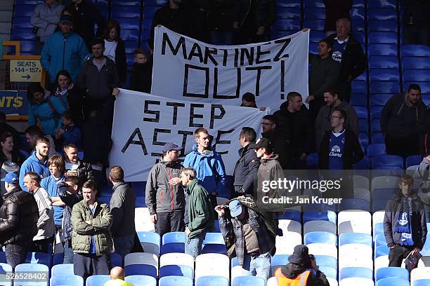 Everton supporters hold banner 'Martinez Out!'' after the Barclays Premier League match between Everton and A.F.C. Bournemouth at Goodison Park on...