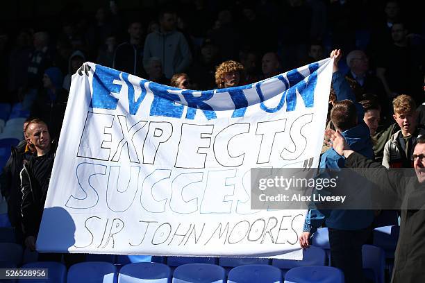 Everton supporters hold banner 'Everton Expects Success'' after the Barclays Premier League match between Everton and A.F.C. Bournemouth at Goodison...