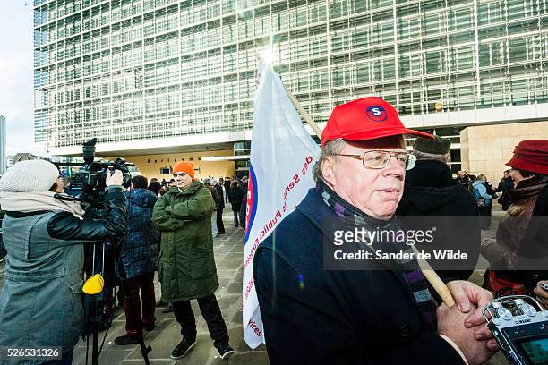 February 2013 Unionists being interviewed. Staff in the EU Council joined a strike in front of the commission's main building :Berlaymont against...