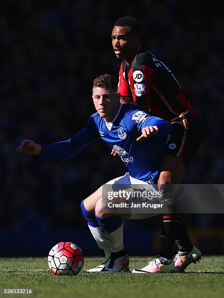 Ross Barkley of Everton holds off Junior Stanislas of Bournemouth during the Barclays Premier League match between Everton and A.F.C. Bournemouth at...