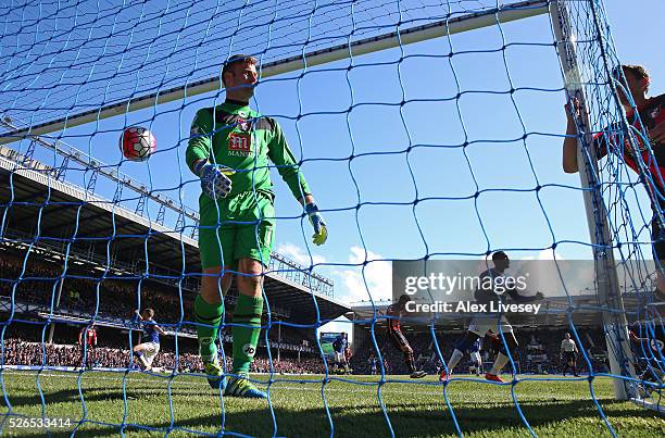 Artur Boruc of Bournemouth reacts after Everton's second goal during the Barclays Premier League match between Everton and A.F.C. Bournemouth at...