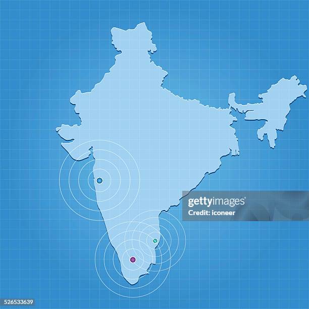 india map on blue background with markers - india map stock illustrations