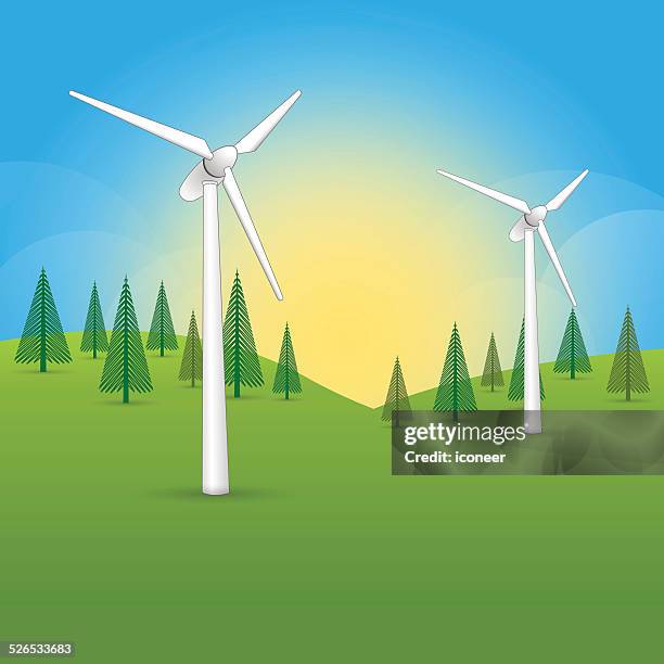 summer landscape with sunlight, trees and wind power - park low angle stock illustrations