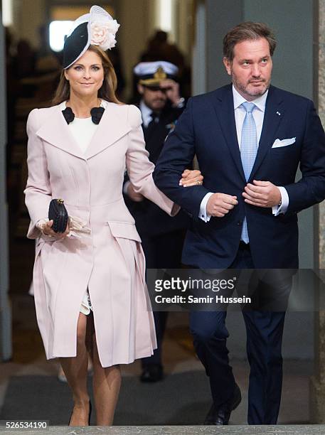 Princess Madeleine of Sweden and Christopher O'Neill arrive at the Royal Palace to attend Te Deum Thanksgiving Service to celebrate the 70th birthday...