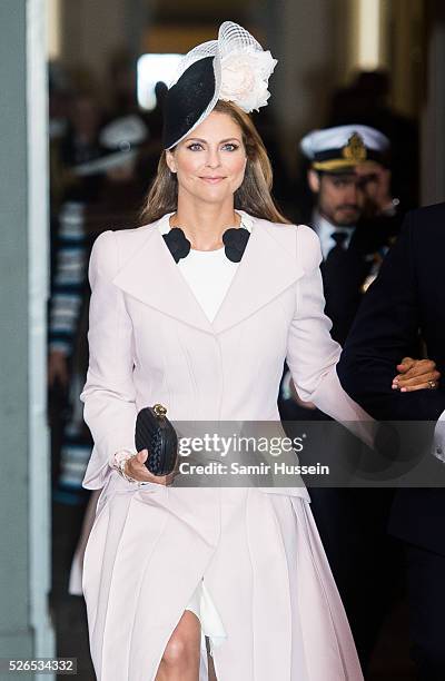 Princess Madeleine of Sweden arrives at the Royal Palace to attend Te Deum Thanksgiving Service to celebrate the 70th birthday of King Carl Gustaf of...