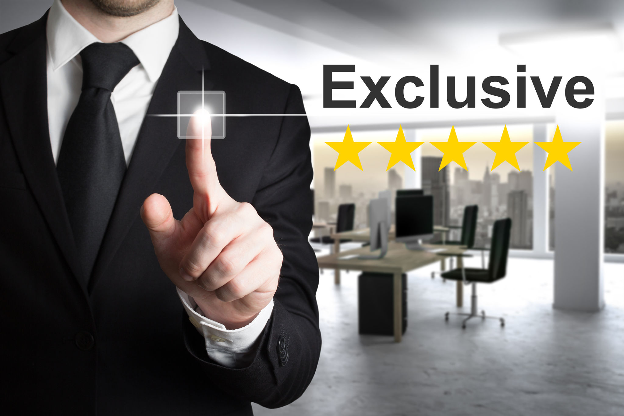 businessman in office pushing touchscreen exclusive gold stars businessman in office pushing touchscreen exclusive gold stars