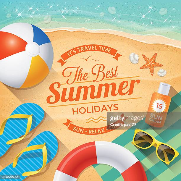 illustrations, cliparts, dessins animés et icônes de été fond avec des accessoires de plage l'été - vacances été plage