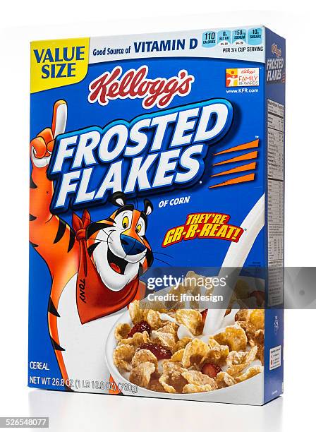 kellogg's frosted flakes of corn value size packaging - cereal box stockfoto's en -beelden