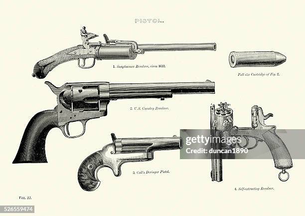 ilustraciones, imágenes clip art, dibujos animados e iconos de stock de vintage pistolas y p-90 - handgun