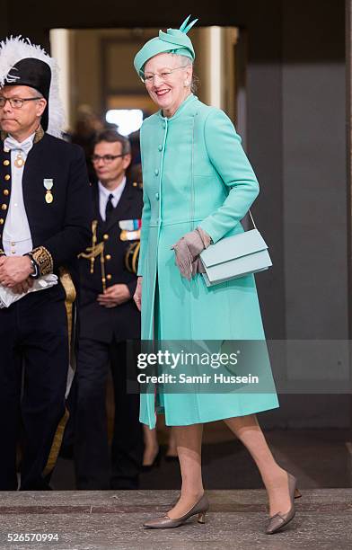 Queen Margrethe II of Denmark arrives at the Royal Palace to attend Te Deum Thanksgiving Service to celebrate the 70th birthday of King Carl Gustaf...