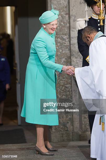 Queen Margrethe II of Denmark arrives at the Royal Palace to attend Te Deum Thanksgiving Service to celebrate the 70th birthday of King Carl Gustaf...