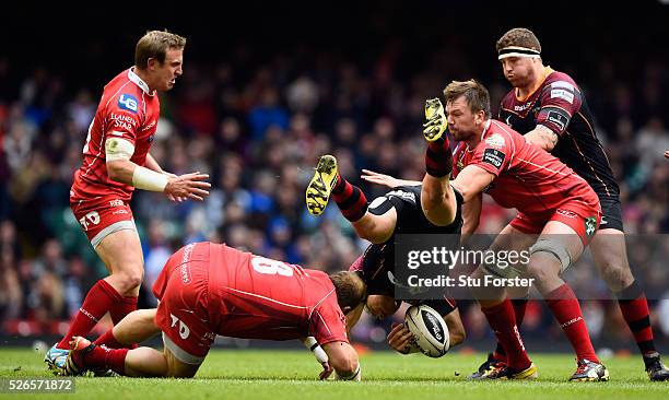 Peter Edwards of the Scarlets is yellow carded for the tackle on Carl Meyer of Newport during the Guinness Pro 12 match between Newport Gwent Dragons...