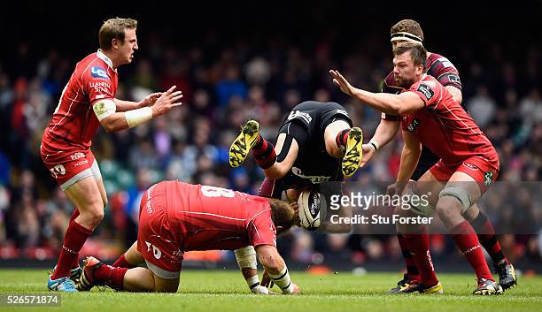 Peter Edwards of the Scarlets is yellow carded for the tackle on Carl Meyer of Newport during the Guinness Pro 12 match between Newport Gwent Dragons...