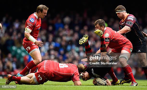 Peter Edwards of the Scarlets is yellow carded for the tackle on Carl Meyer of Newport during the Guinness Pro 12 match between Newport Gwent Dragons...