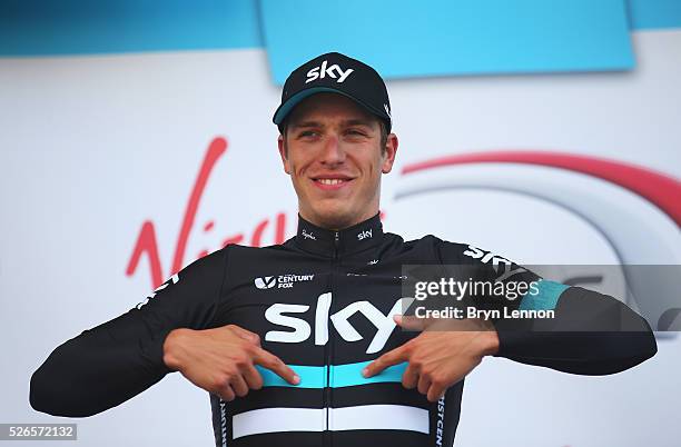 Danny Van Poppel of Team Sky and the Netherlands celebrates winning the second stage of the 2016 Tour de Yorkshire between Otley and Doncaster on...