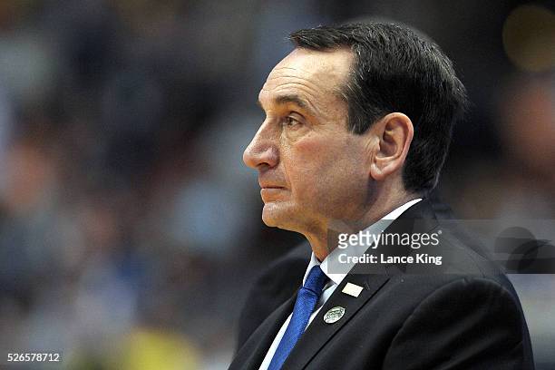 Head coach Mike Krzyzewski of the Duke Blue Devils looks on against the Oregon Ducks during the West Regional Semifinal of the 2016 NCAA Men's...