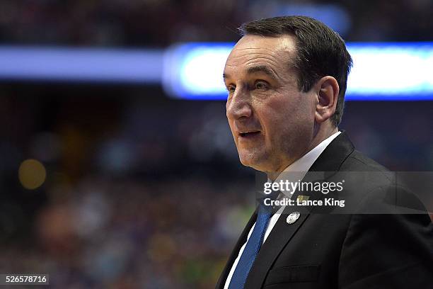 Head coach Mike Krzyzewski of the Duke Blue Devils looks on against the Oregon Ducks during the West Regional Semifinal of the 2016 NCAA Men's...