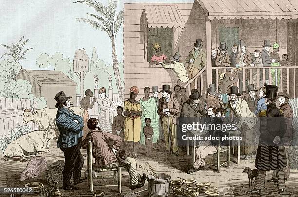 Coloured engraving depicting the sale of slaves in the United States during the 19th century.